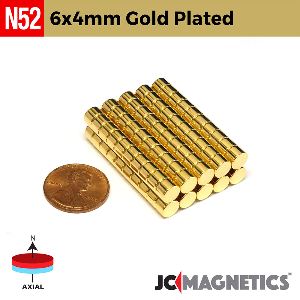 6mm X 4mm N52 Gold Plated neodymium magnets round discs 1/4in x 5/32in